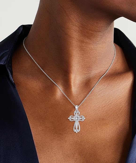 1/66 Carat Diamond Vintage Cross Necklace for Women 925 Sterling Silver 18K White Gold Plated Religious Faith Pendant Fine Jewelry