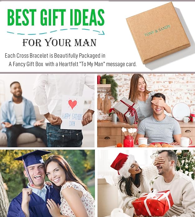 TONY & SANDY Cross Bracelet Men Cool Valentines Day Gifts for Him Teen Boys Son Grandson Nephew, Birthday Easter Christmas Gifts for Teen Boys Adults Men