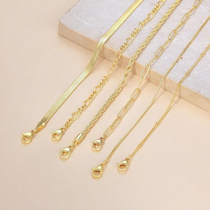 DEARMAY 14K Gold Plated Ankle Bracelets for Women Waterproof - Dainty 6Pcs Anklets Layered Cuban Link Chain Herringbone Cute Anklets Set Pack Summer Beach Jewelry Gift for Women Teen