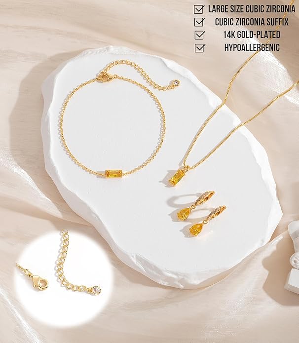 Birthstone 14K Gold Plated Bracelets Earrings Necklaces Jewelry Set， Blue Green May Cubic Zirconia，Friendship Bracelets Jewelry Gifts for Mom Best Friend Birthday