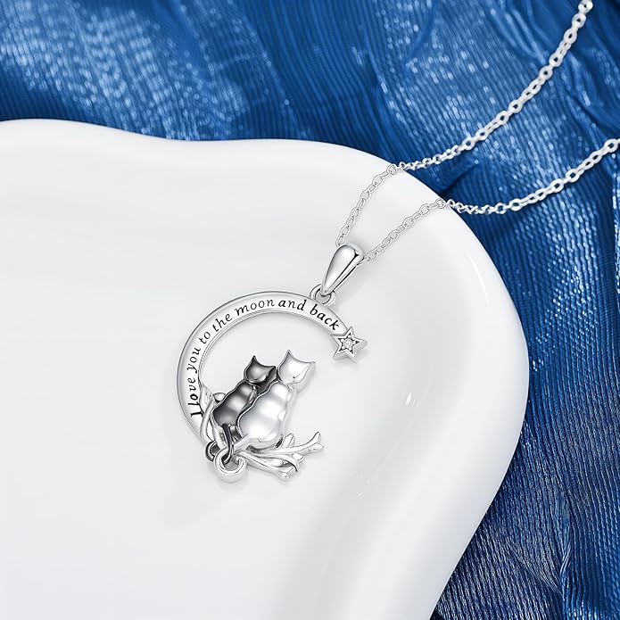 Cat Gifts for Women 925 Sterling Silver Heart Moon Cat Necklace Pendant Women Jewelry Halloween Christmas Gifts