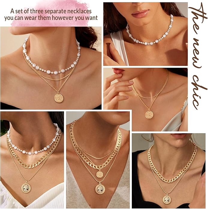 MJartoria Layered Necklaces for Women Trendy Retro Coin Pendant Necklace Dainty Chunky Chain Choker Necklaces for Jewelry Birthday Gifts