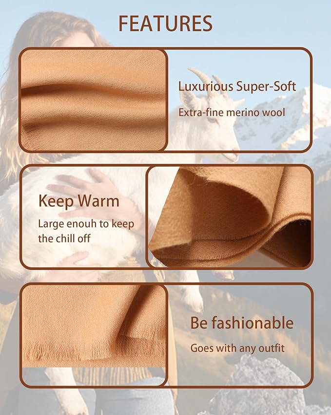 WASALUYA Wool Scarf for Women & Men, 100% Wool Scarves Wrap Shawl with Tassels, Elegant Soft Winter Scarf for Fall and Winter