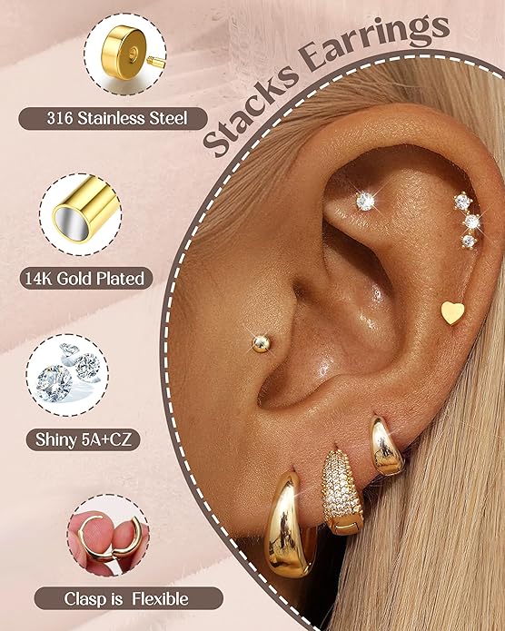 Hypoallergenic 14K Gold Plated Hoop Stud Earrings for Women Surgical Stainless Steel Flat Back Earrings Lightweight Small Chunky Huggie Hoops Cartilage Earring Stacks for Multiple Piercing Women Gifts