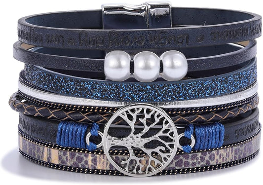 FANCY SHINY Tree of Life Leather Wrap Bracelet Inspirational Cuff Bangles Boho Pearl Bracelets with Magnetic Clasp Unique Jewelry Gifts for Women