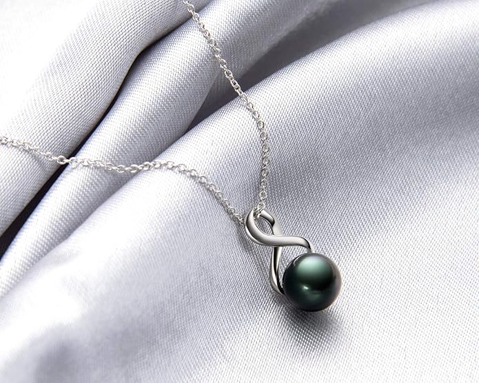 DENGGUANG Tahitian Black Pearl Necklace for Women Genuine 9-10mm Round Tahitian Cultured Pearls Pendant 18K Gold Plated 925 Sterling Silver - Jewelry Gifts for Mom Wife Daughter