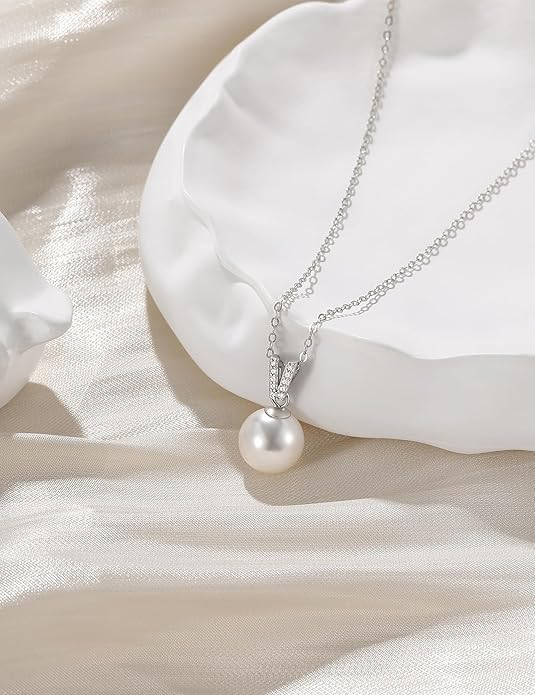 Mameloly Pearl Necklaces for Women Trendy 925 Sterling Silver Dainty V CZ Pendant 10MM/12MM Single Simulated White Pearl Choker Necklace for Women Wedding Cute Jewelry