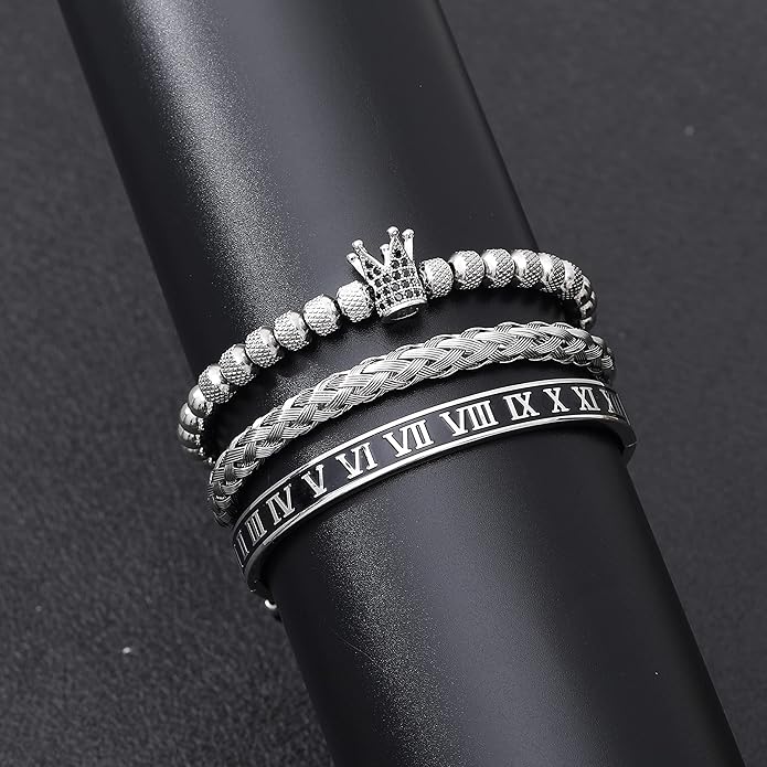 WFYOU 3PCS Stainless Steel Bracelets for Men Gold Roman Numeral Bangle Bracelet Twisted Cable Bracelet Adjustable Cuff Bracelet Mens Luxury Jewelry Bracelets Gifts