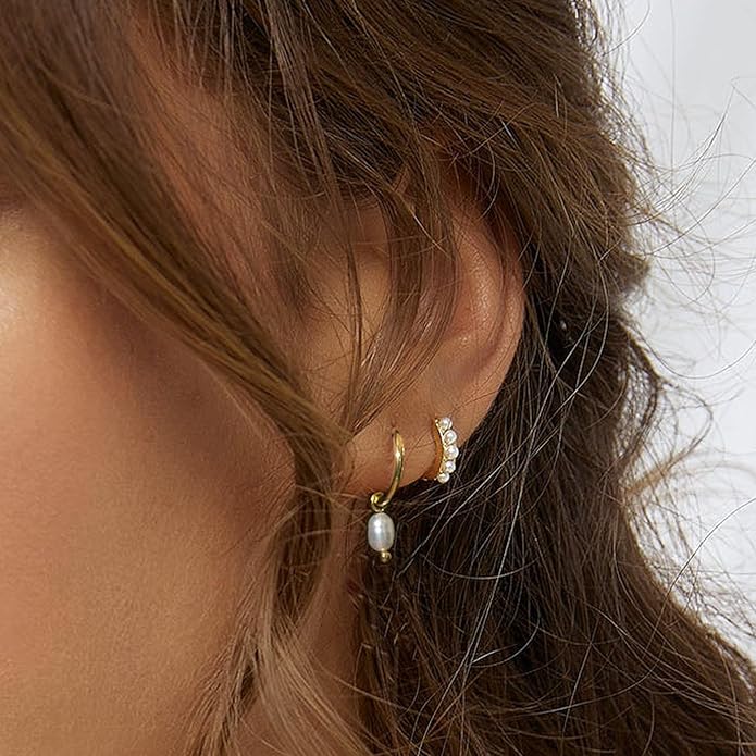 Gold Plated Earrings for Women, 14k Gold Plated Earring Stack Hypoallergenic Pearl Drop Earring Dainty Earrings for Women Trendy Cute Small Huggie Hoop Earring Fashion Womens Jewelry