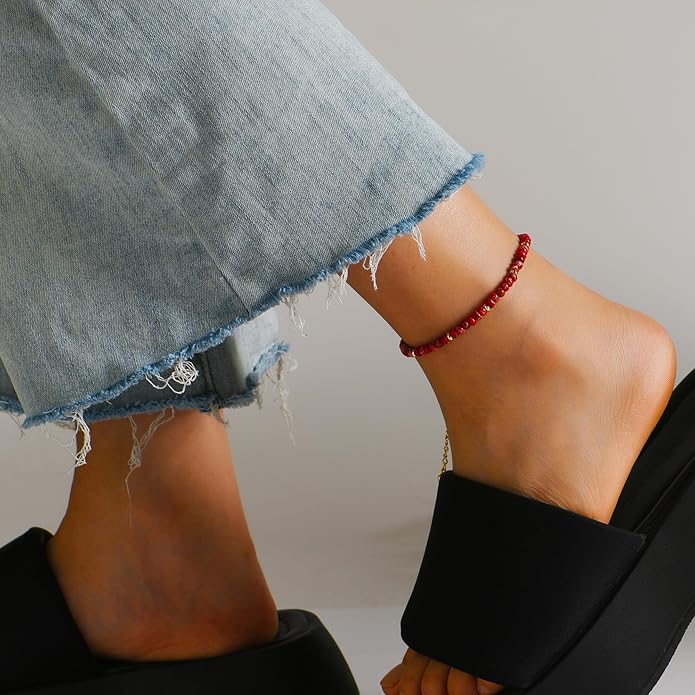 Natural Stone Beaded Anklets Bracelets for Women Handmade Beaded Anklet Bracelet Waterproof Boho Beads Ankle Bracelet Adjustable Summer Jewelry