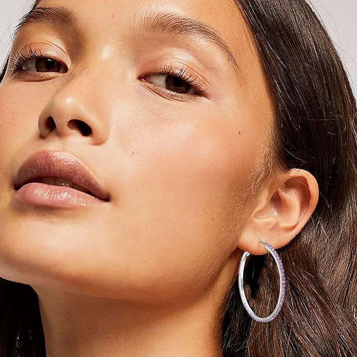 925 Sterling Silver Earrings Large Rhinestone Hoop Earrings Big Cubic Zirconia Hoop Earrings Thin Rhinestones Round Hoop Earrings for Women 20/30/40/50/60/70mm Sparkly Hoops With Crystals for Womens