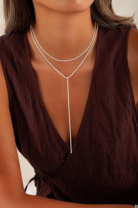 Gold and Silver Plated Layered Long Necklace for Women, Statement Y Body Chain, Sexy Dangle Drop Beach Boho Bolo Cleavage Necklace for Vacation or Prom