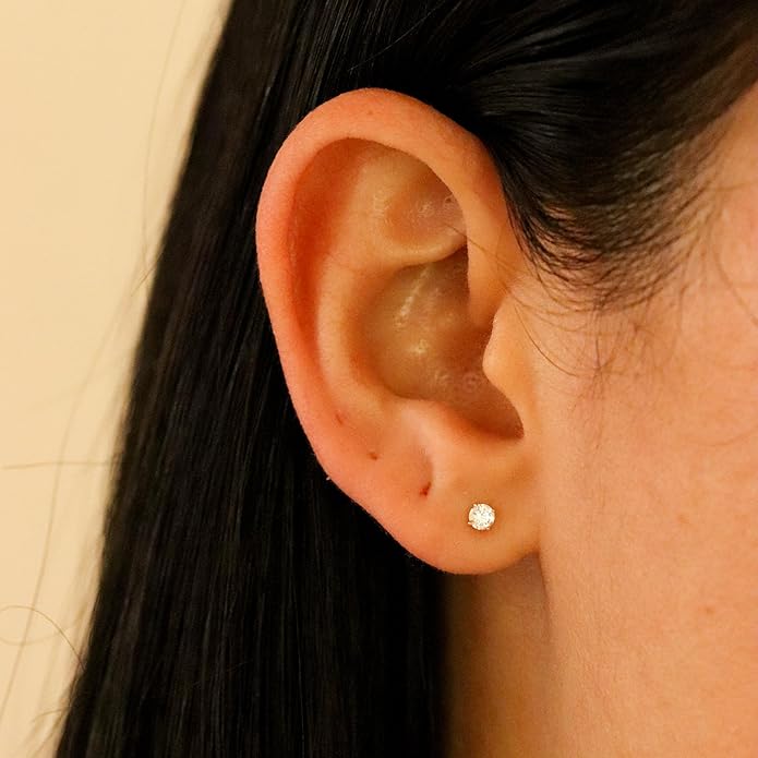 14k Gold Cubic Zirconia Stud Earrings for Women & Men (2mm-6mm Diameter) - CZ Simulated Diamond, Real Solid 14K Gold, Secure Screw Back