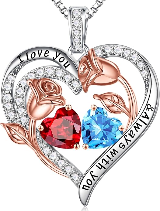 Iefil Birthstone Necklace for Women - 925 Sterling Silver Rose Heart Birthstone Necklace Birthday Anniversary Jewelry Gifts for Her Wife Mom Daughter