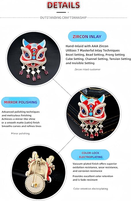 Chinese Lion Dance Brooch, Vintage Enamel Floral & Cat Eye Pearl Adjustable Lapel Pin for Women & Men – Traditional Asian Style Awakening Lion Brooch for Jacket, Blazer, Scarf, Qipao, Wedding, Festival Gift (Gold/Red/Blue)