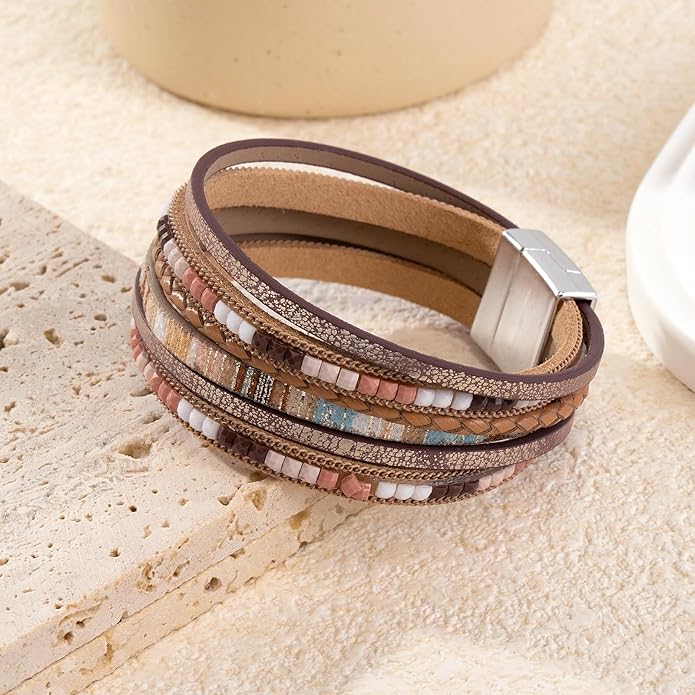 ENGCKSHI Wrapped Bracelets for Women,Leather Bracelet,Boho Bracelets for Women,Multi-Layer Pearl Crystal Bracelet Bangle Jewelry