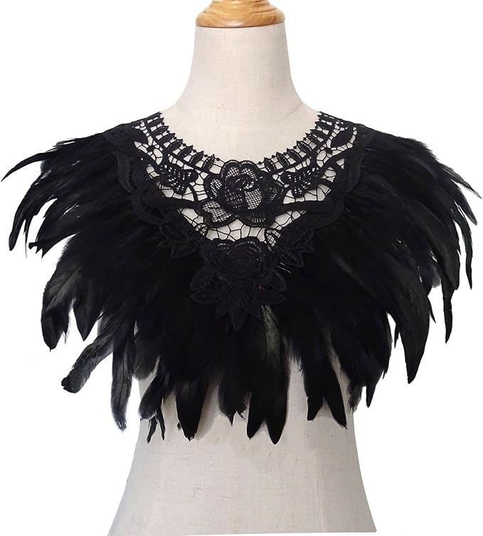 L'VOW Real Black Feather Harness Lace Collar Necklace Bib Halloween
