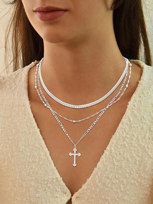 ASCOMY Gold Necklace for Women 14K Gold/Silver Plated Layered Necklaces Stackable Layering Cross Necklace Stacked Coin Pendant Pearl Herringbone Chain Stacking Gold Choker Trendy Jewelry Gift for Her