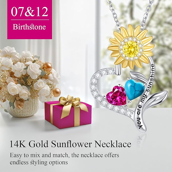 PERJI Valentine's Day Gifts for Women - 925 Sterling Silver Double Birthstone Sunflower Necklace, Anniversary Birthday Jewelry You are My Sunshine Gifts for Wife Couple Girlfriend 18"+2" Non Tarnish