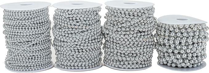 YoungJewl 4mm Crafts Faux Pearl Beads Garland Pearl Bead Roll Strand of Pearls to Decorate Floral Centerpieces Wedding Party Favor Christmas Tree(131 Feet Silver)
