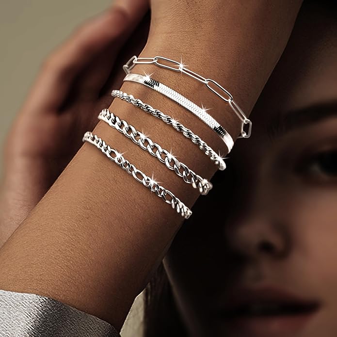 Gold Bracelets for Women Non Tainish,Dainty Bracelets Stack for Women Trendy, Gold Plated Cuff Bracelets Stack With Beaded Cuban Paperclip Snake Rope Bangle Hand Chain Jewelry Gifts for Women