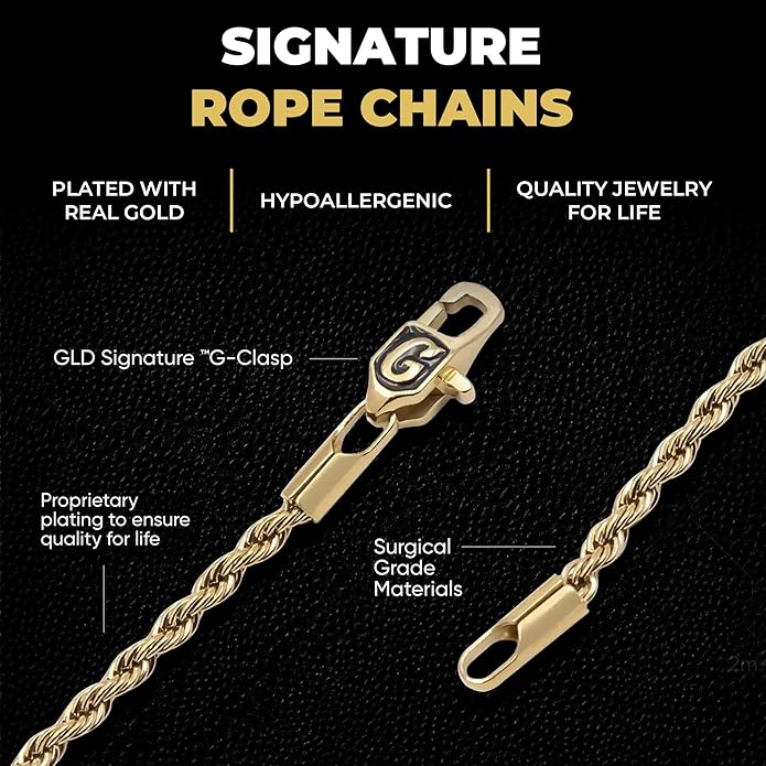 GLD Rope Chain - Gold-Plated Rope Chain with Exclusive Storage Travel Pouch - Snatch-Proof Clasp, Sweat-Proof and Fade-Resistant - Lifetime Quality, Designed in Miami