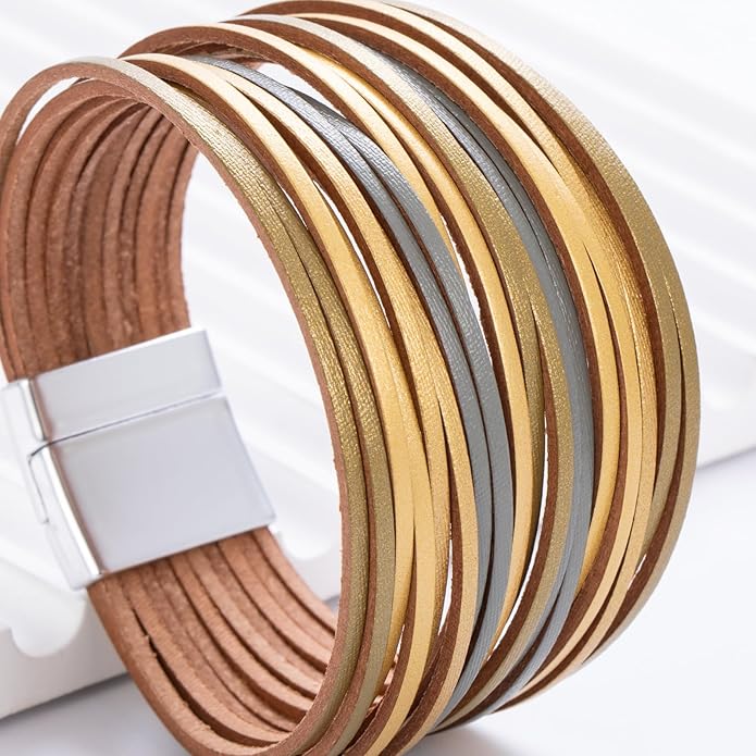 FANCY SHINY Boho Leather Wrap Bracelet Stackable Layered Bangle Cuff with Magnetic Clasp
