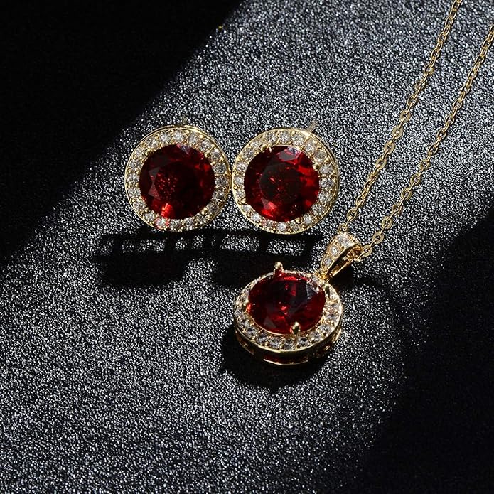 Bridal Crystal Jewelry Set - Sterling Silver Round Cubic Zirconia CZ Rhinestone Halo Birthstone Pendant Necklace Stud Earrings Set for Wedding Bride Bridesmaids Birthday Gift