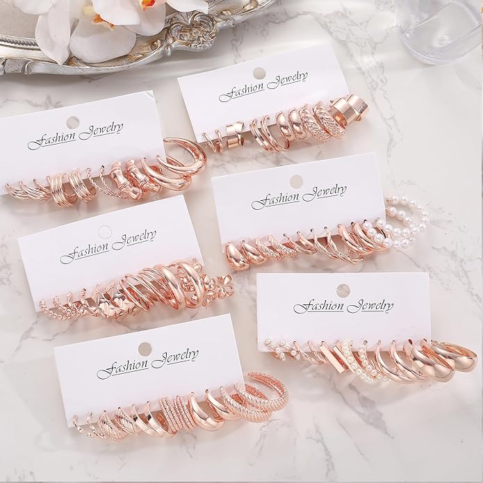 36 Pairs Gold Hoop Earrings Set for Women, Fashion Chunky Gold Hoop Earrings Multipack, Hypoallergenic Pearl Chain Twisted Statement Earring Pack for Birthday Party Jewelry