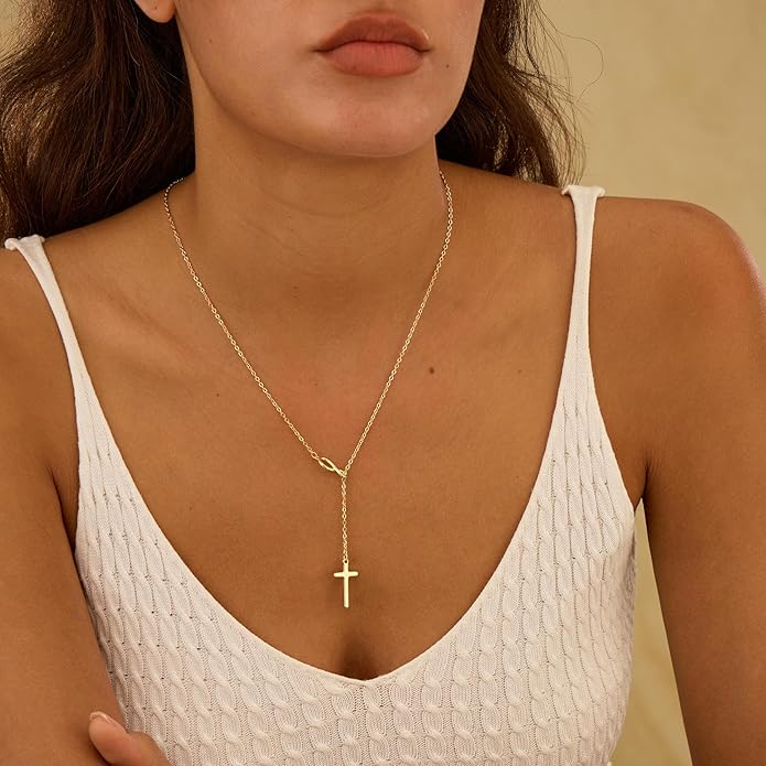 Lariat Necklace for Women, Dainty 14K Gold/Silver Plated Long Necklaces for Women Trendy Simple Layered Y-Shaped Drop Pendant Necklace Adjustable Gold Jewelry Gifts For Her Christmas Stocking Stuffer