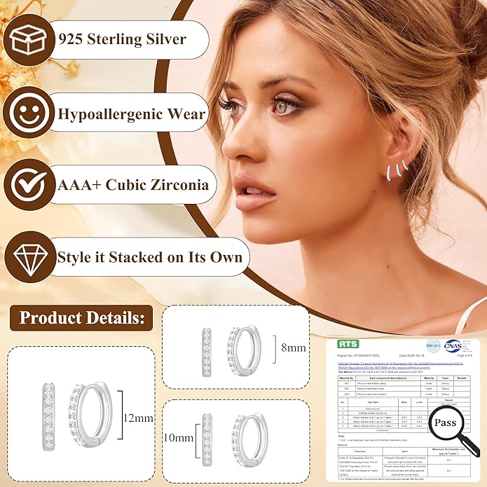 DORANA Valentines Day Gift 3 Pairs 925 Sterling Silver Earrings for Women Girls Non Tarnish Small Hypoallergenic Huggie Hoops Cartilage Stack Earring Sets for Multiple Piercing