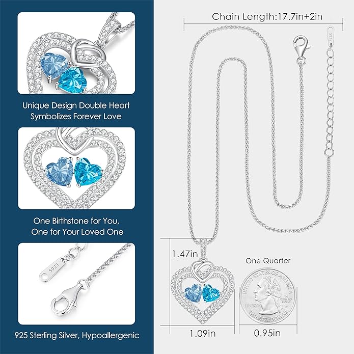 LOUISA SECRET Sparkling Double Heart Birthstone Necklaces for Women, 925 Sterling Silver Fine Jewelry, Pendant Heart Necklaces Birthday Anniversary Christmas Gift for Women Wife Mom Girlfriend Lady