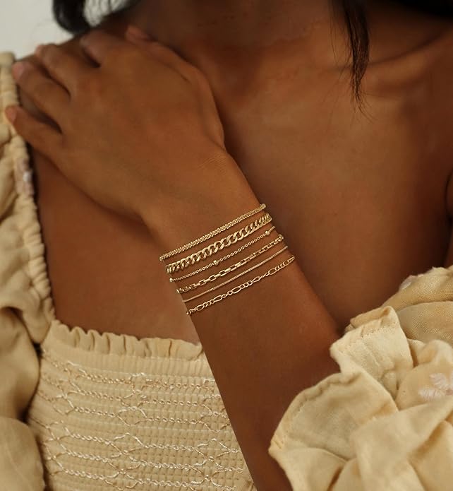 DEARMAY Waterproof Gold Plated Bracelets Set for Women Trendy, Dainty 14K Gold Jewelry Fashion Stackable Tennis Beaded Figaro Herringbone Paperclip Link Bracelet Pack Stack Gifts for Women