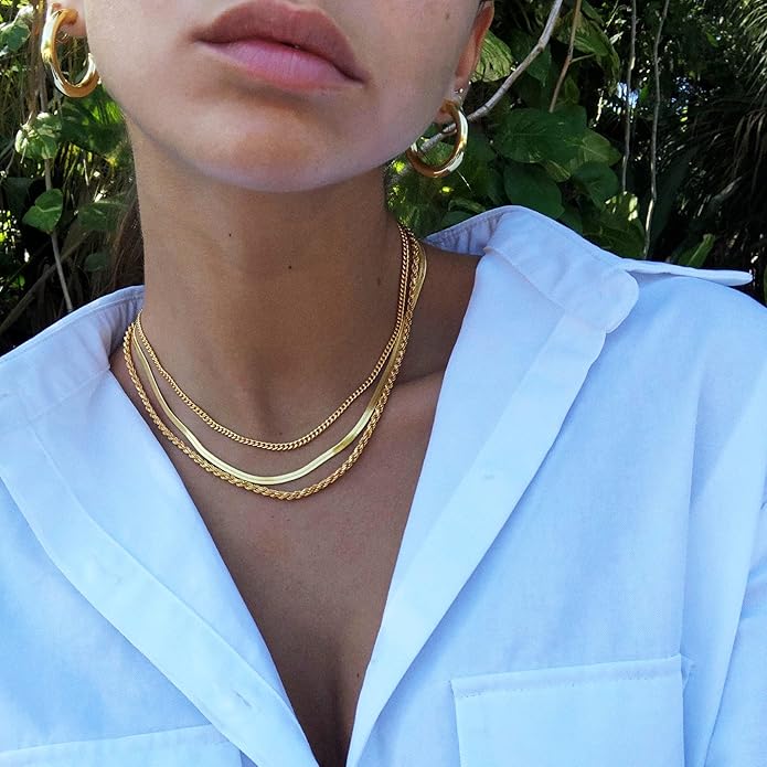 Freekiss Herringbone Necklace for Women,Dainty Gold Necklace,14k Gold Plated Snake,Gold Chain Choker Necklaces,Simple Gold Layered Necklaces,Gold Jewelry Gift for Women