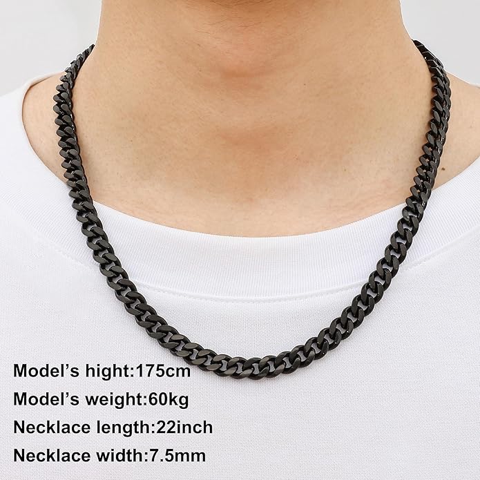 Fiusem Valentines Day Gifts for Him Silver Tone/Black/14K Gold Plated Chain Necklace for Men, 5mm/6mm/7.5mm/8mm/9mm Stainless Steel Cuban Link Chain Necklace, Men's Chains 18-28 Inch Jewelry Gifts