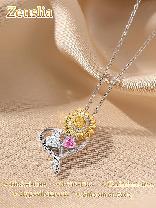 Zeuslia Double Birthstone Necklace Gifts for Wife - 925 Sterling Silver Sunflower/Rose/Crown Cross/Compass/Heart Pendant I Love You Necklace, Anniversary Birthday Gifts for Wife Girlfriend Mom Her