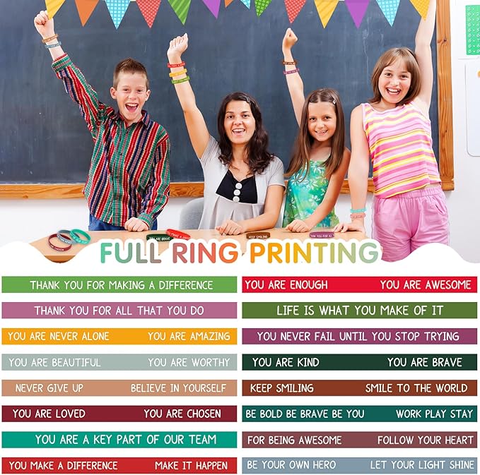 JUNEBRUSHS 64pcs Motivational Silicone Bracelets Bulk Colored Inspirational Rubber Wristbands Unisex for Student Teacher Office Prizes Gifts Back to School Party Favor Supplies