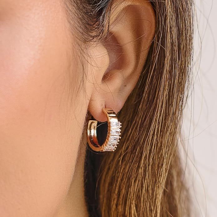 14K Gold & Rose Gold Hoop Earrings for Women, Chunky Huggie Half Hoops Earrings, Hypoallergenic Non Tarnish Cubic Zirconia Trendy Minimalist Everyday Jewelry Gift