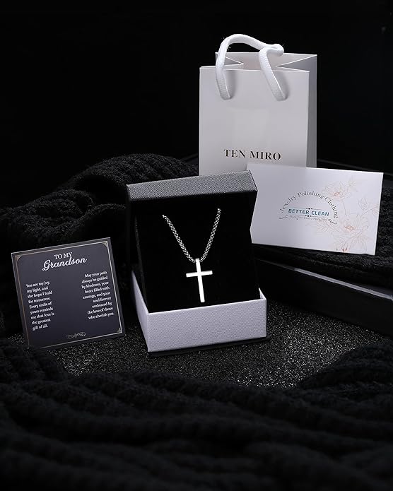 TEN MIRO Silver/Black Cross Necklace for Men Boy Stainless Steel Cross Pendant Necklace for Men Christian Religious Jewelry with Box & Card Birthday Anniversary Christmas Father's Day Gifts for Him