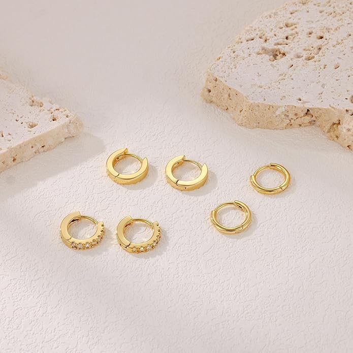 micuco 3 Pairs Small Hoop Earrings Set for Women, 14K Gold Plated Huggie Hoop Earrings for Men, Tiny Cartilage Hypoallergenic Earring Set