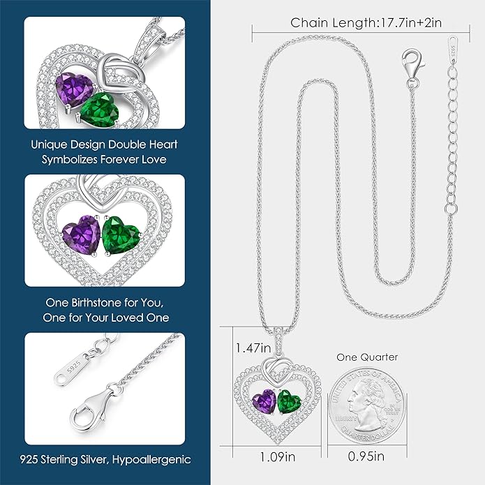 LOUISA SECRET Sparkling Double Heart Birthstone Necklaces for Women, 925 Sterling Silver Fine Jewelry, Pendant Heart Necklaces Birthday Anniversary Christmas Gift for Women Wife Mom Girlfriend Lady