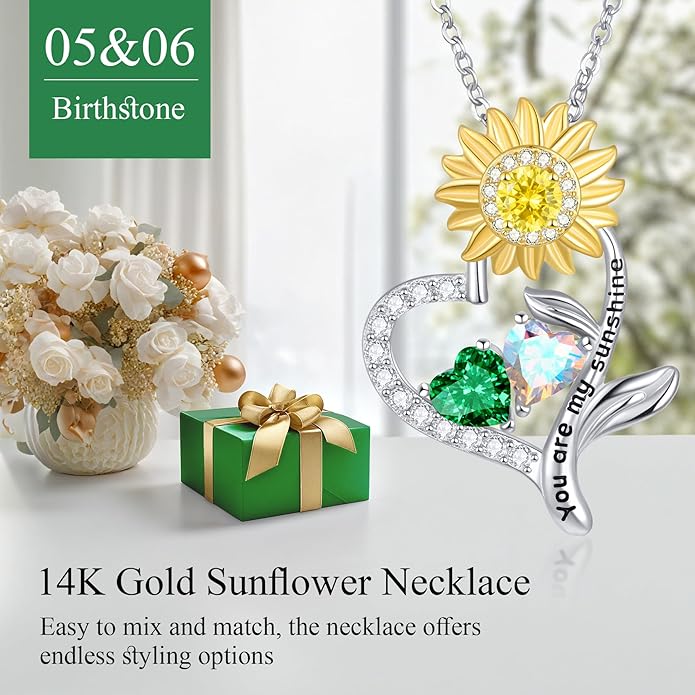PERJI Valentine's Day Gifts for Women - 925 Sterling Silver Double Birthstone Sunflower Necklace, Anniversary Birthday Jewelry You are My Sunshine Gifts for Wife Couple Girlfriend 18"+2" Non Tarnish