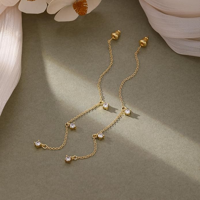 14K Gold Plated Dangle Earrings for Women - Dainty, Trendy, Hypoallergenic CZ Drop Earrings - Simple Long Dangling Jewelry