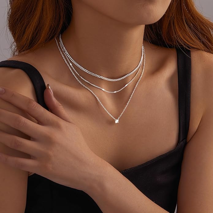WomenGifts Layered Gold Necklaces for Women, 14K Gold Sterling Silver Plated Dainty Pendant Necklace Set with Cubic Zirconia Circle, Chunky Stackable Cuban Chain Choker, Trendy Personalized Birthstone Jewelry Gift Non Tarnish