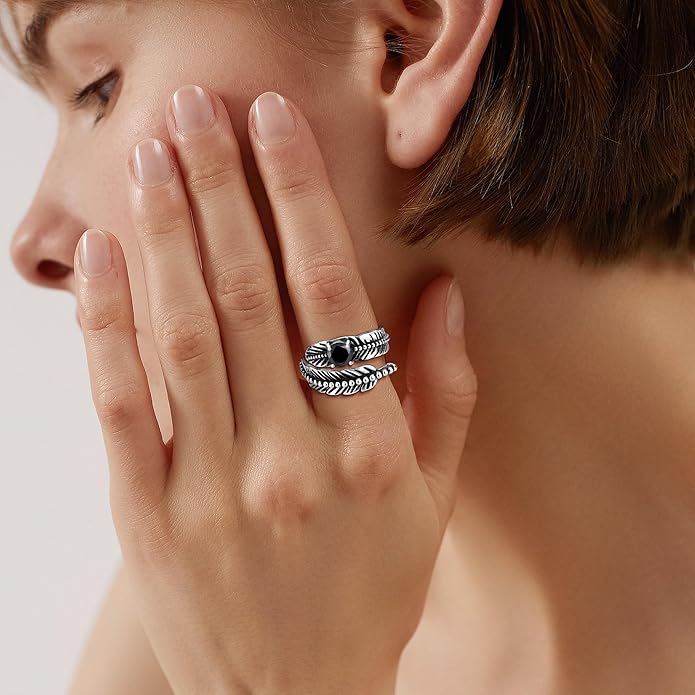 Sterling Silver Feather Ring with Black Onyx & Turquoise - Adjustable Stacking Vintage Statement Ring for Women & Men