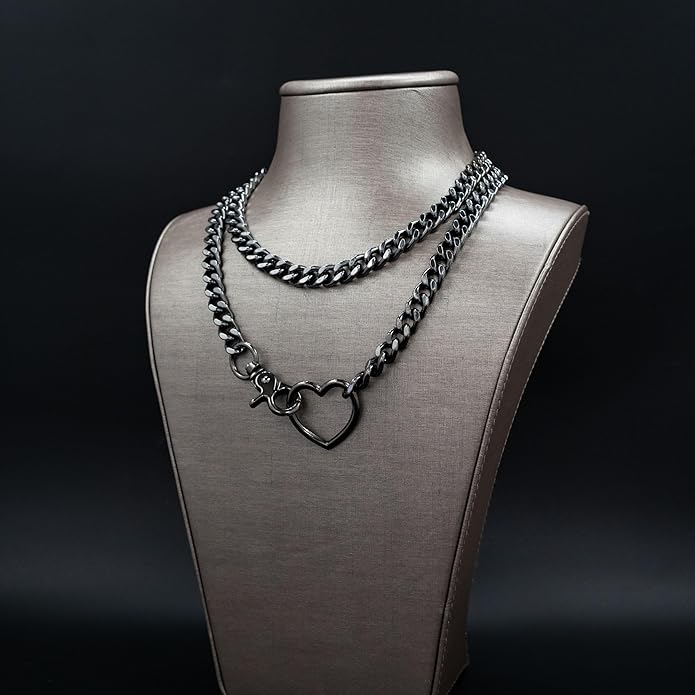 Chunky Gold Choker Necklaces for Women, Long Gold Chain Heart Necklace, 36 Inches Slip Chain Adjustable Lariat Heart Y Necklace for Women and Men, Goth Chunky Heart Necklace Jewlery Gifts