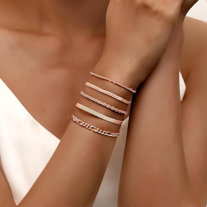 XIANNVXI Gold Plated Bracelets for Women Adjustable 14K Dainty Gold Bracelet Stack for Women Stackable Cuban Link Paperclip Chain Bracelet Set 5PCS Cute Trendy Bracelets for Present