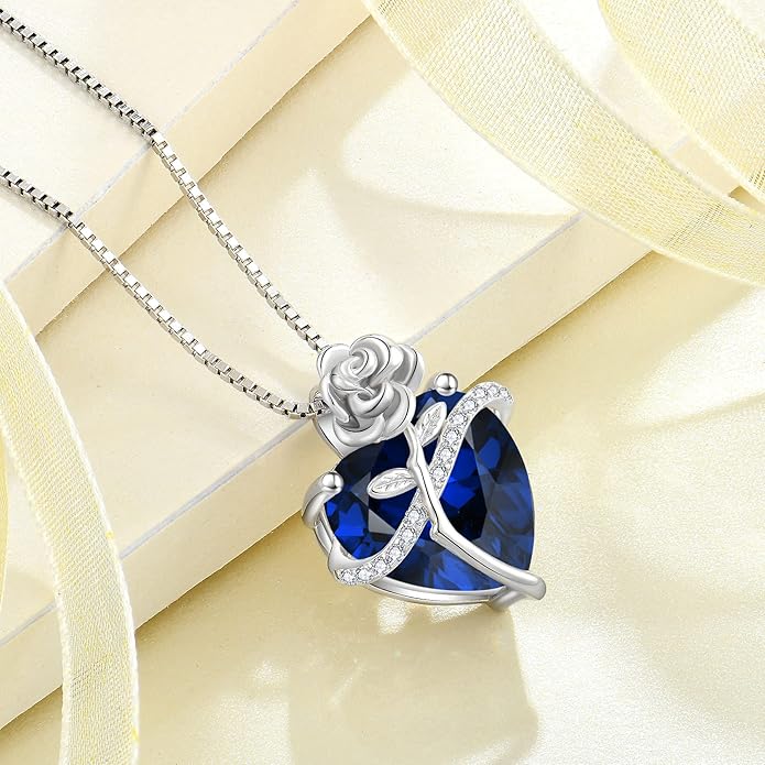 Birthstone Necklace for Women 925 Sterling Silver Love Heart Rose Flower Necklace Dainty Jewelry Gifts for Women Wife Girlfriend Mother Daughter Her