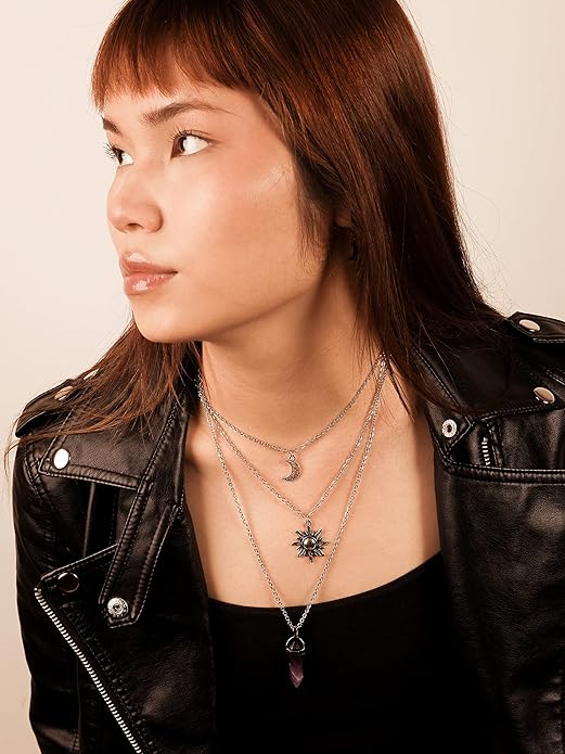 Sacina Gothic Layered Crystal Sun and Moon Necklace, Moon and Sun Pendant, Gothic Goth Emo Grunge Necklace, Goth Jewelry, Halloween Christmas Jewelry Gift For Women