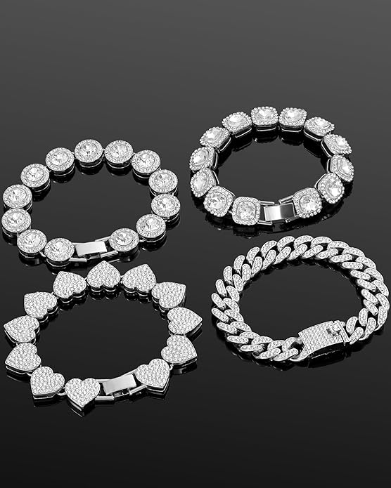shopbyskyler 4PCS Gold Bracelets for Women Silver Clustered Tennis Bracelet for Women Heart Round Diamond Cuban Bracelet Layered Link Bracelet Set Fashion Jewelry for Women Set